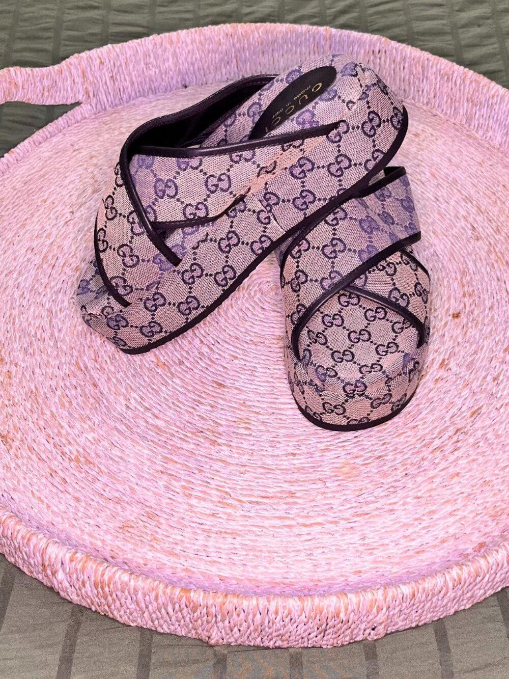 Gucci Beige & Navy Cross Strap Monogram Platform Slide Sandals